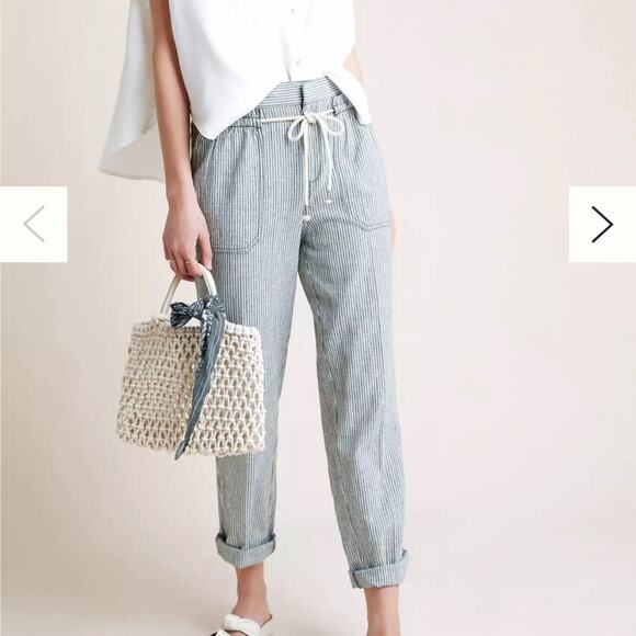 Anthropologie Pants - Anthropologie Seashore Striped Pants Size M Blue LagenLook Loose Linen Baggy Tie